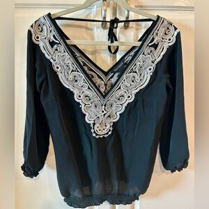 White House Black Market Black Blouse with White Embroidery